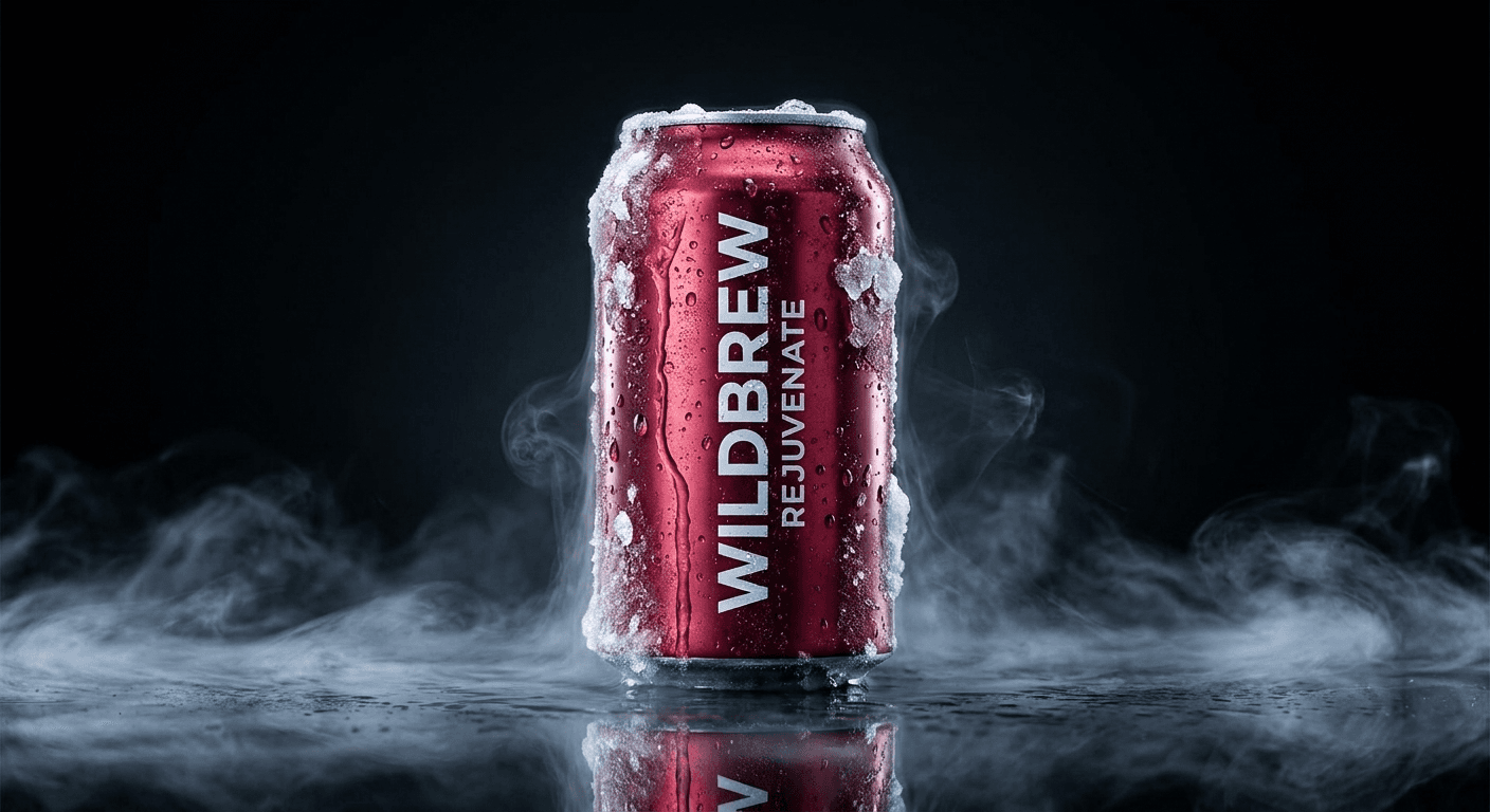 WILDBREW® by Rejuvenate — signature crimson can with dramatic studio lighting and condensation